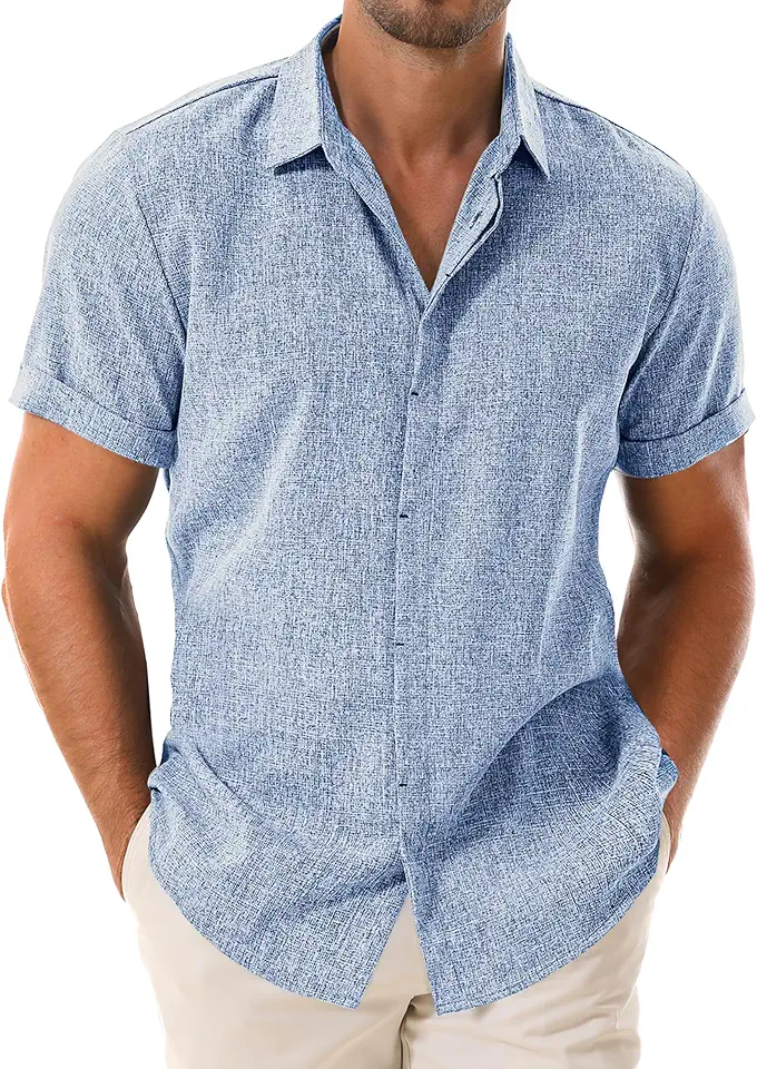 Men's Linen Short Sleeve Button Down Casual Beach Shirts