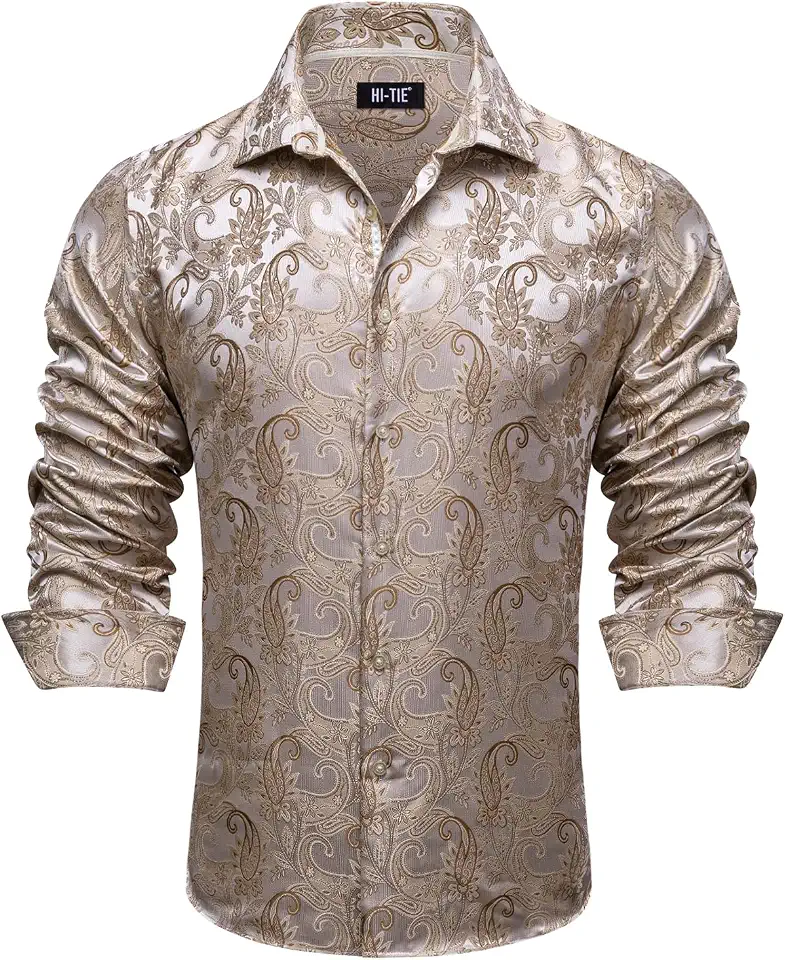 Hi-Tie Mens Paisley Long Sleeve Dress Shirt Silk Button Up Shirt