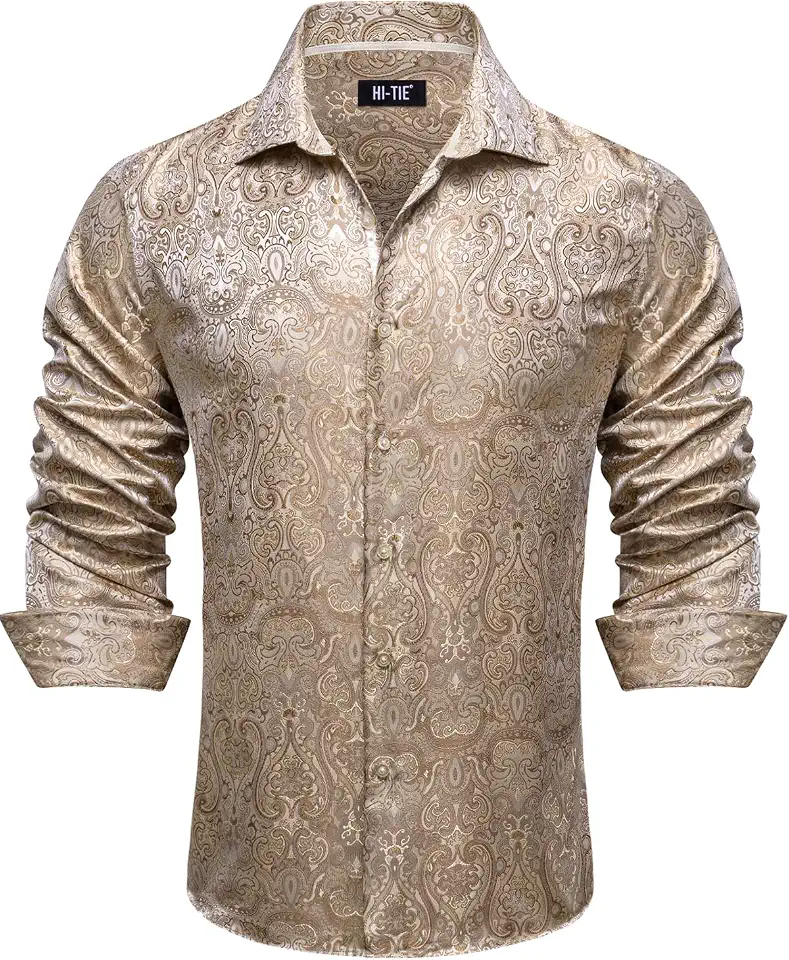 Hi-Tie Mens Paisley Long Sleeve Dress Shirt Silk Button Up Shirt