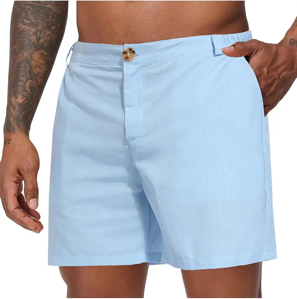 Oymyakon Mens 6 Inch Cotton Linen Shorts Casual Elastic Waist Summer Beach Vacation Flat Front Shorts with Pockets