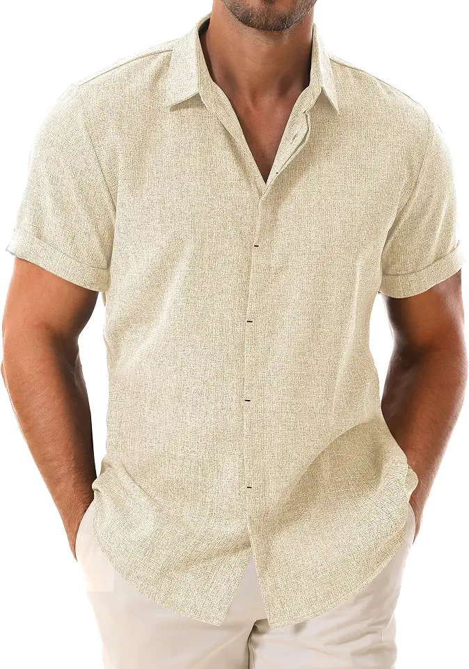 Men's Linen Short Sleeve Button Down Casual Beach Shirts
