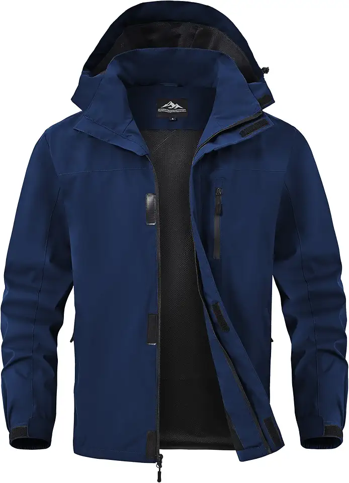 Zoofly Mens Waterproof Hiking Jacket with Hood Windproof Light Weight Windbreaker Outdoor Fishing Raincoat Zipper Pockets