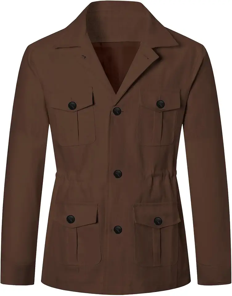 Betusline Men's Safari Linen Long Sleeve Military Cargo Jacket