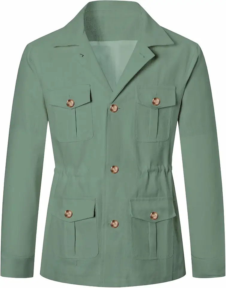 Betusline Men's Safari Linen Long Sleeve Military Cargo Jacket