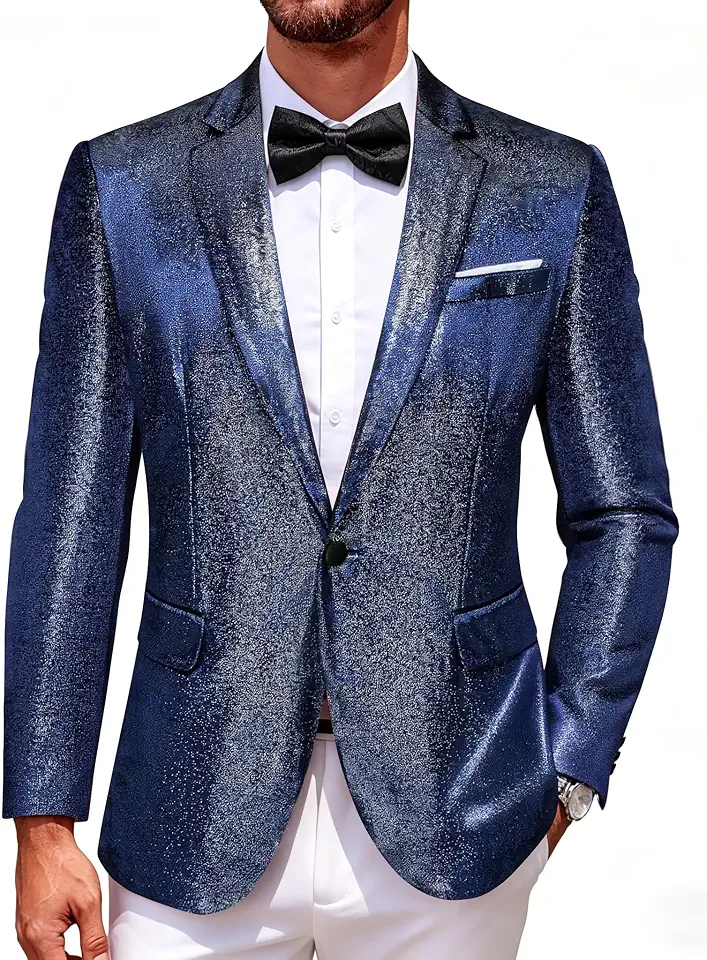 Barry.Wang Men’s Shiny Blazer Velvet Notch Lapel Regular Suit Jacket