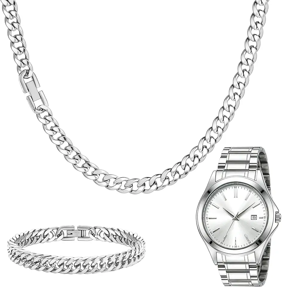 NEWITIN 3 Pieces Silver Jewelry Set for Men Stainless Steel Watch Necklace Bracelet Fashion Silver Wristwatch Cuban Link Chain Cuban Jewelry Set for Men