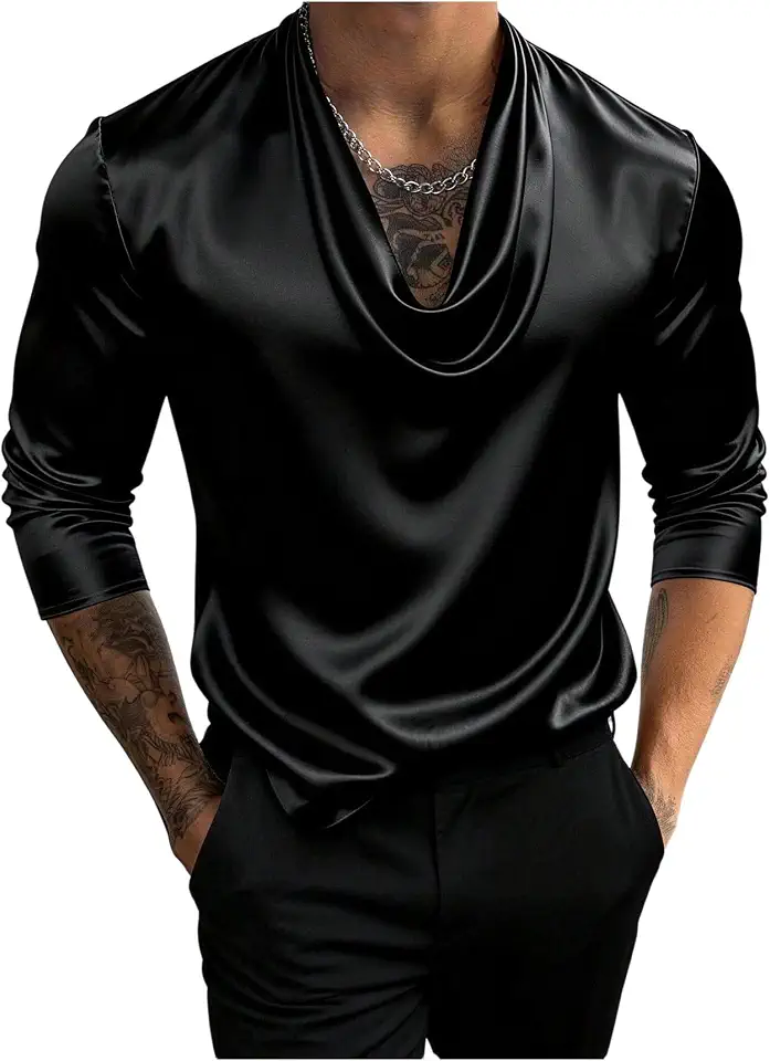 RoseSeek Men's Satin Shirts Cowl Neck 3/4 Sleeve Blouses Draped Front Silky Dressy Tops