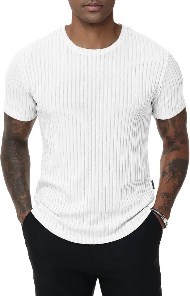 ZKMAN Men's Ribbed T-Shirts Textured Knit Dress T Shirt Casual Crew Neck Short Sleeve Slim Fit Stretch