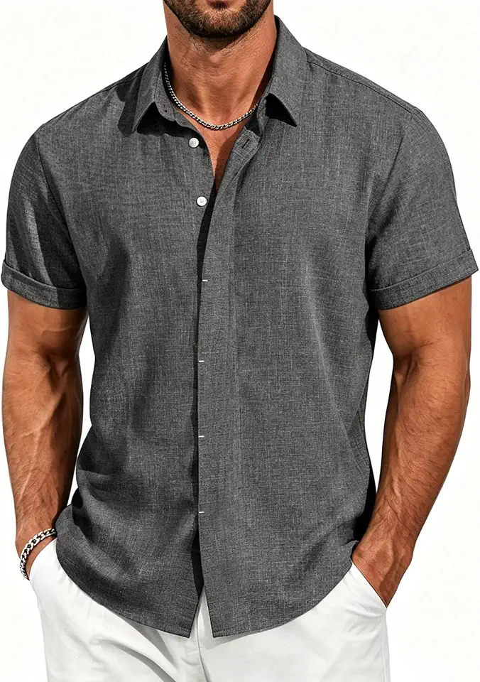 Men's Regular Fit Grey Short Sleeve Button Down Linen Shirt