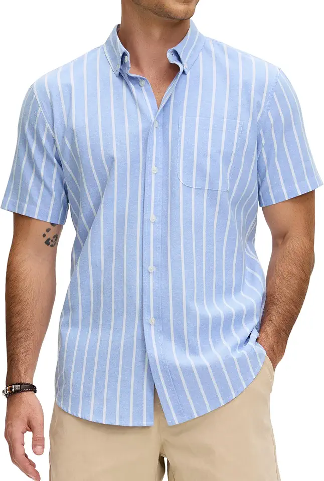 Men's Blue Striped Camp Collar Dress Shirt