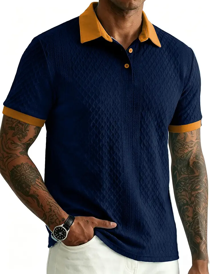JMIERR Mens Polo Shirts Knit Textured Casual Short Sleeve Button Summer Vacation Beach Stretchy Shirt