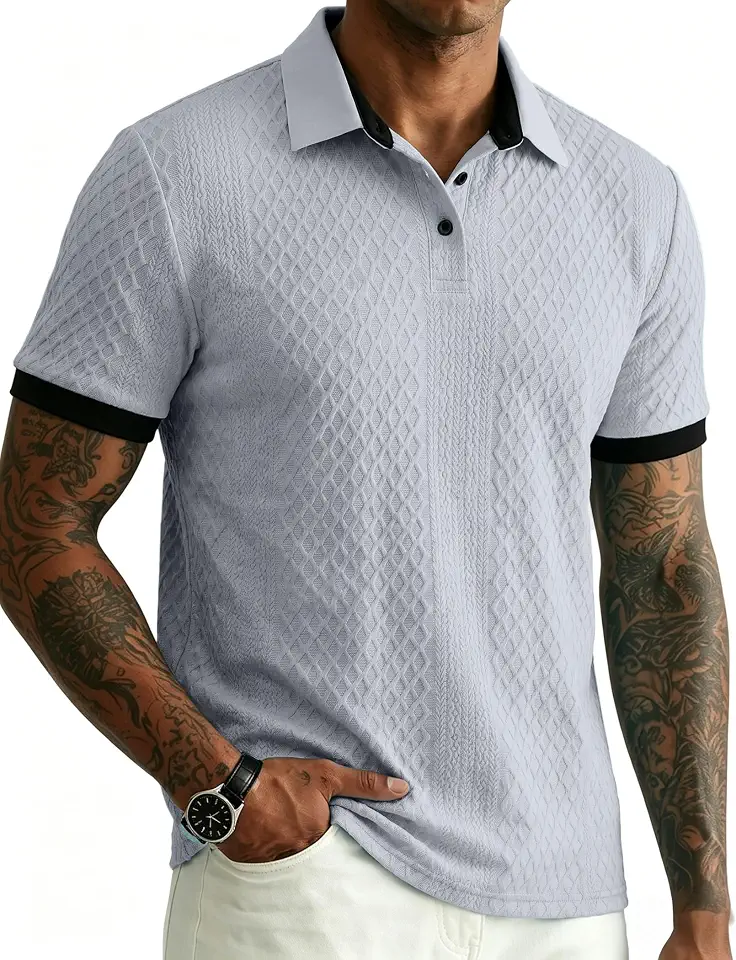 JMIERR Mens Polo Shirts Knit Textured Casual Short Sleeve Button Summer Vacation Beach Stretchy Shirt
