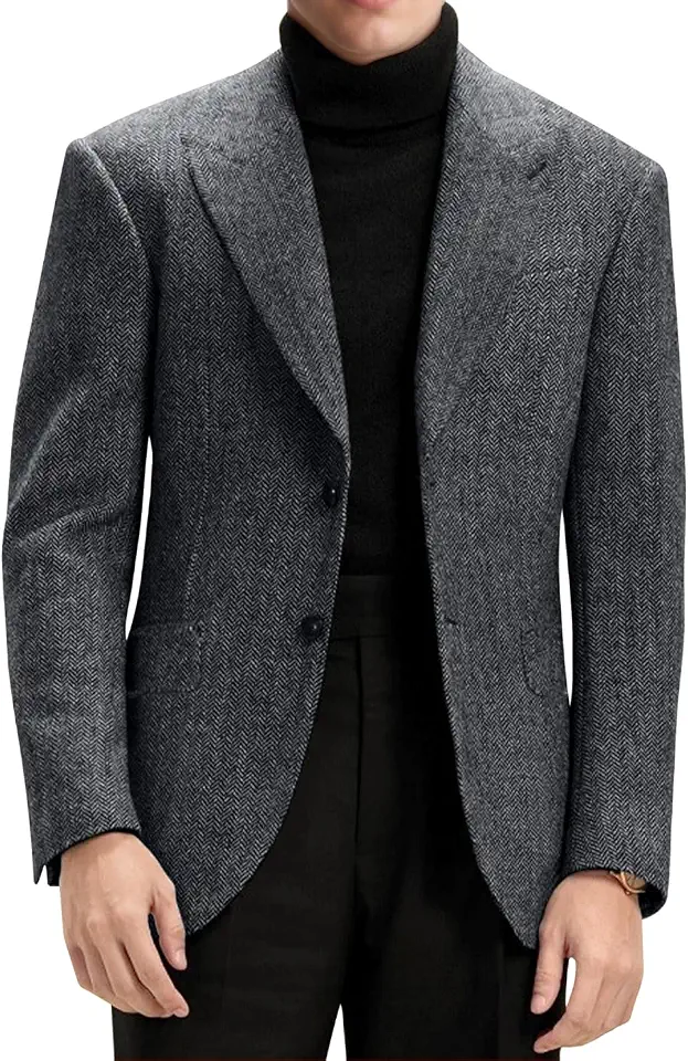 Global Recycled Standard Mens Blazer Herringbone Tweed Wool Blend Slim Fit Prom Sport Coat