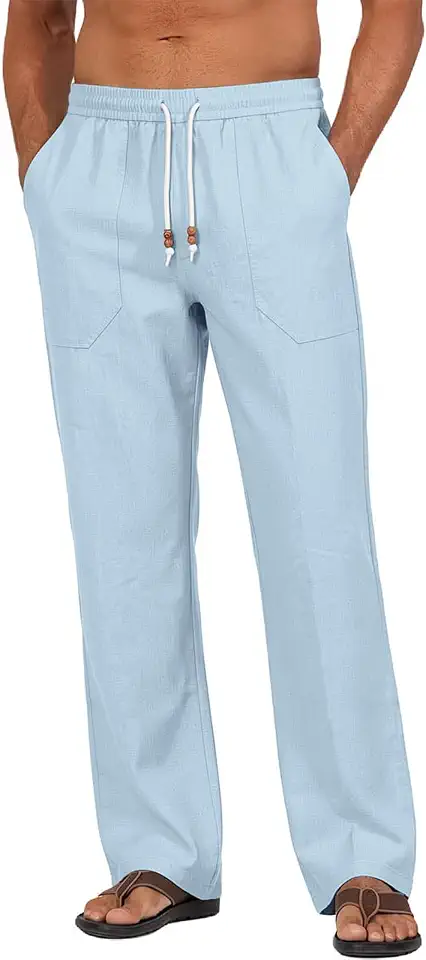 Riskrole Men's Cotton Linen Pants Elastic Waist Drawstring Summer Beach Casual Pants Loose Fit Yoga Trousers