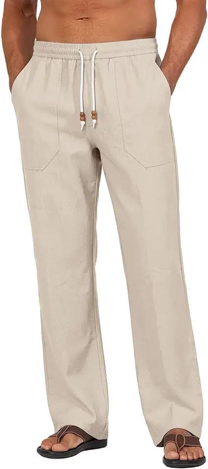 Riskrole Men's Cotton Linen Pants Elastic Waist Drawstring Summer Beach Casual Pants Loose Fit Yoga Trousers