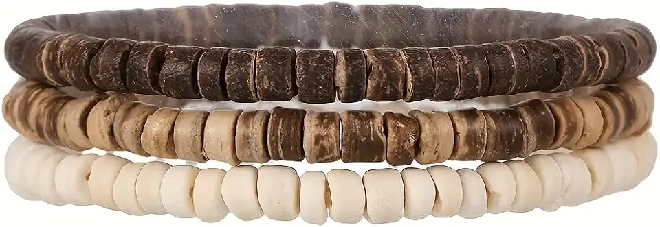Handmade Wooden Bead Bracelet Set for Men & Women - Natural Coconut Shell Heishi Bead Stretch Bracelets - Boho Surfer Jewelry, Stackable Ethnic Tribal Wristbands, Adjustable Summer Beach Accessory