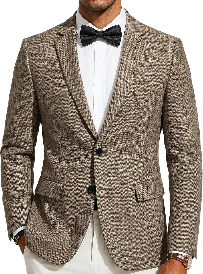 Barry.Wang Men's Tweed Blazer Classic Sport Coat Two Button Suit Jacket