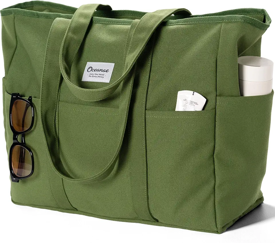 Oceanae Large Canvas Tote with Zipper for Women Men, Beach Travel Totes Work Bag