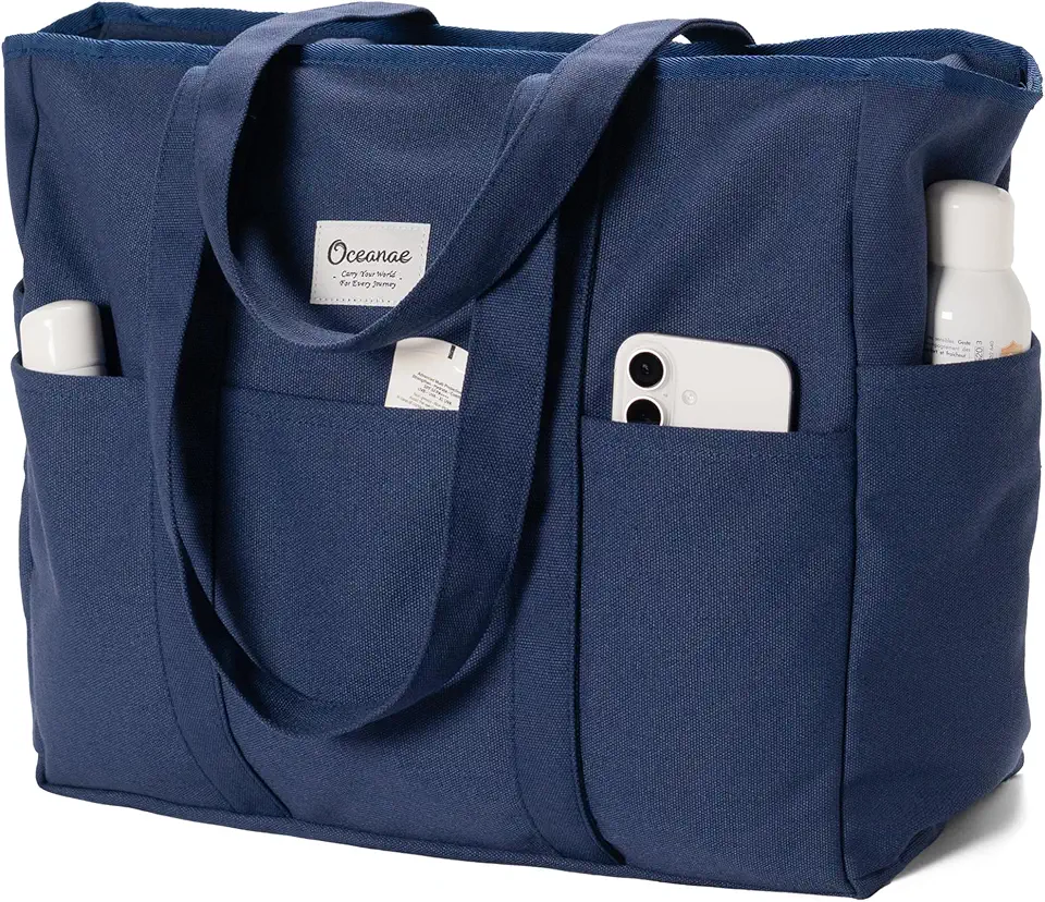 Oceanae Large Canvas Tote with Zipper for Women Men, Beach Travel Totes Work Bag