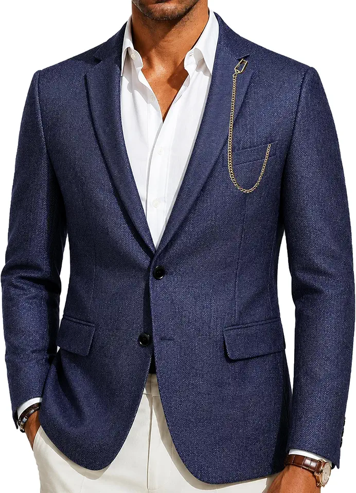 Barry.Wang Men's Tweed Blazer Classic Sport Coat Two Button Suit Jacket