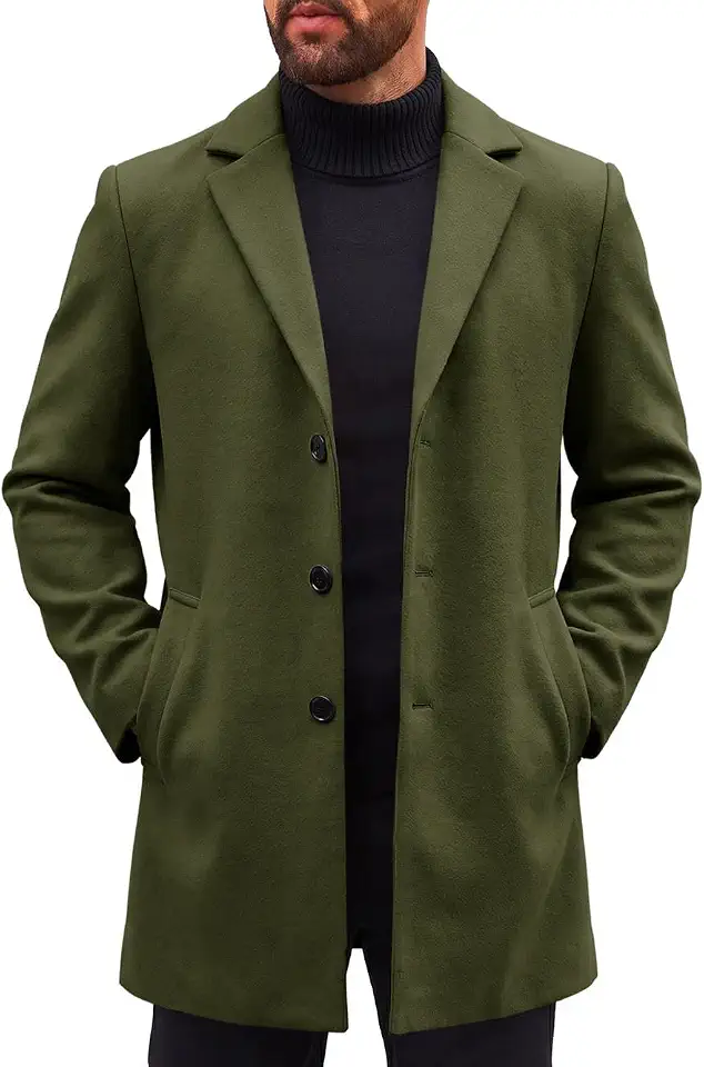 Runcati Mens Mid Long Pea Coats Winter Trench Coat Single Breasted Overcoat