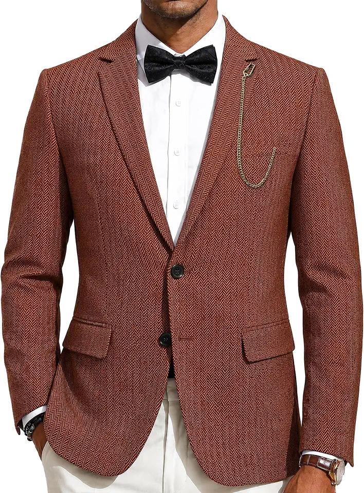 Barry.Wang Men's Tweed Blazer Classic Sport Coat Two Button Suit Jacket