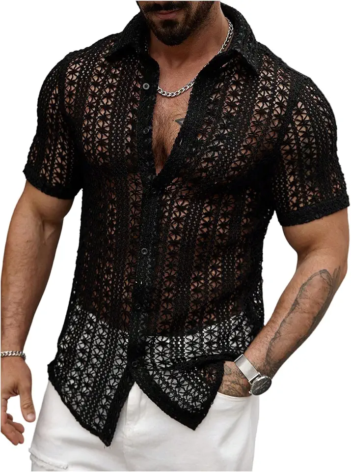 VIPWOLF Men's Crochet Button Down Shirts Hollow Out Sheer Short Sleeve Knit Beach Vacation Tops