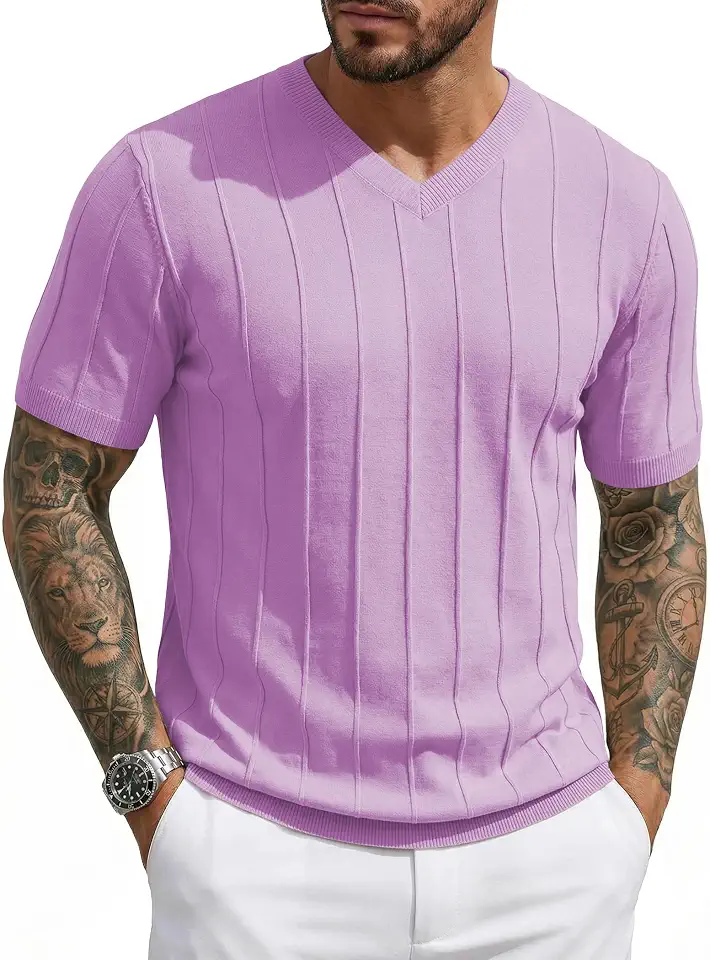 JMIERR Men's V Neck Knit T Shirt Short Sleeve Casual Sweater Shirt | Ribbed Shirt, Old Money, Pullover, Summer, Vaction, Fashion, Business, Dress, Beach, Machine Washable