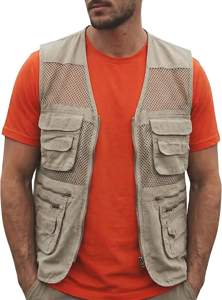 Men's Fishing Vest Safari Costume with Pockets Cotton Utility Cargo Vest for Outdoor Hiking Travel Waistcoat Jacket