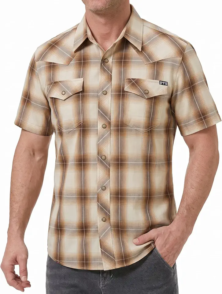 Western Plaid Pearl Snap Shirts for Men Short Sleeve Vintage Casual Shirt with 2 Flap Pockets Regular Fit