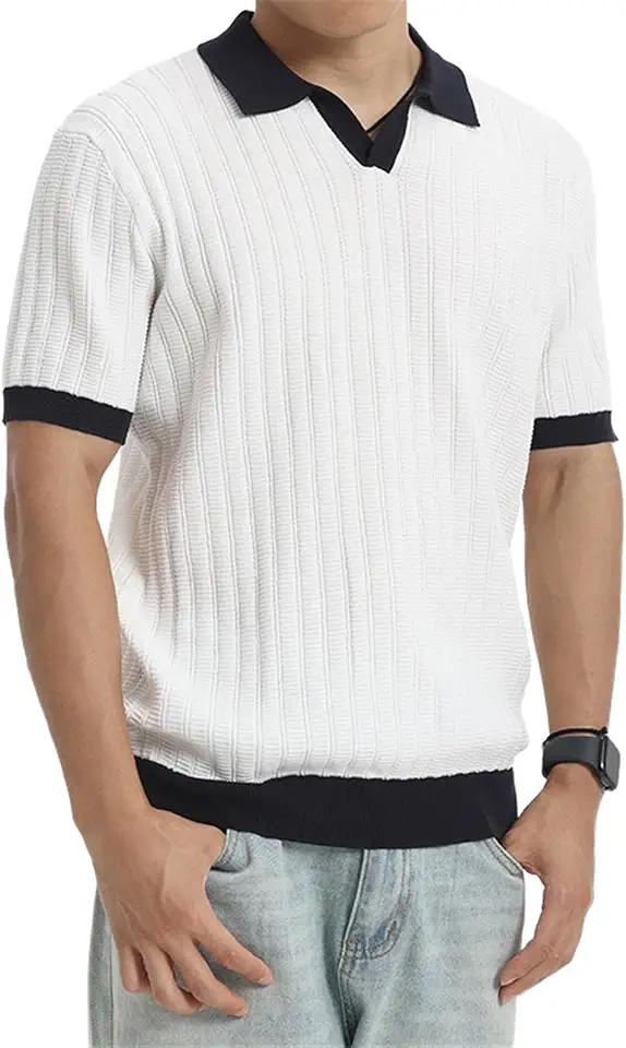 Lapel Ice Silk Knitted Polo Shirt Men's Colorblock V-Neck Business Casual Summer Short Sleeve T-Shirt Top