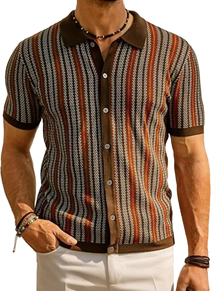Zaitun Mens Polo Shirts Vintage Striped Short Sleeve Button Down Casual Shirts Retro Button Knit Sweater