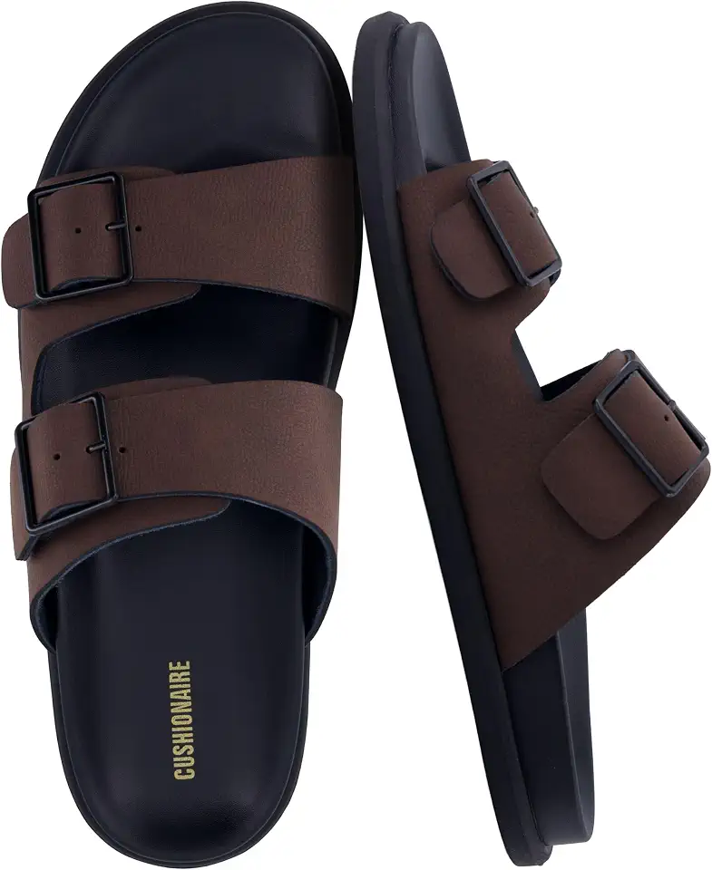 CUSHIONAIRE Alpha 100% Genuine Leather Mens Sandals, Casual Slip On Flat Men Slides with Adjustable Buckles