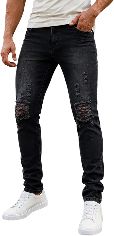 LONGBIDA Men's Slim Fit Skinny Jeans Distressed Moto Biker Denim Pants Hip Hop Stretch Straight Leg Flex Waist