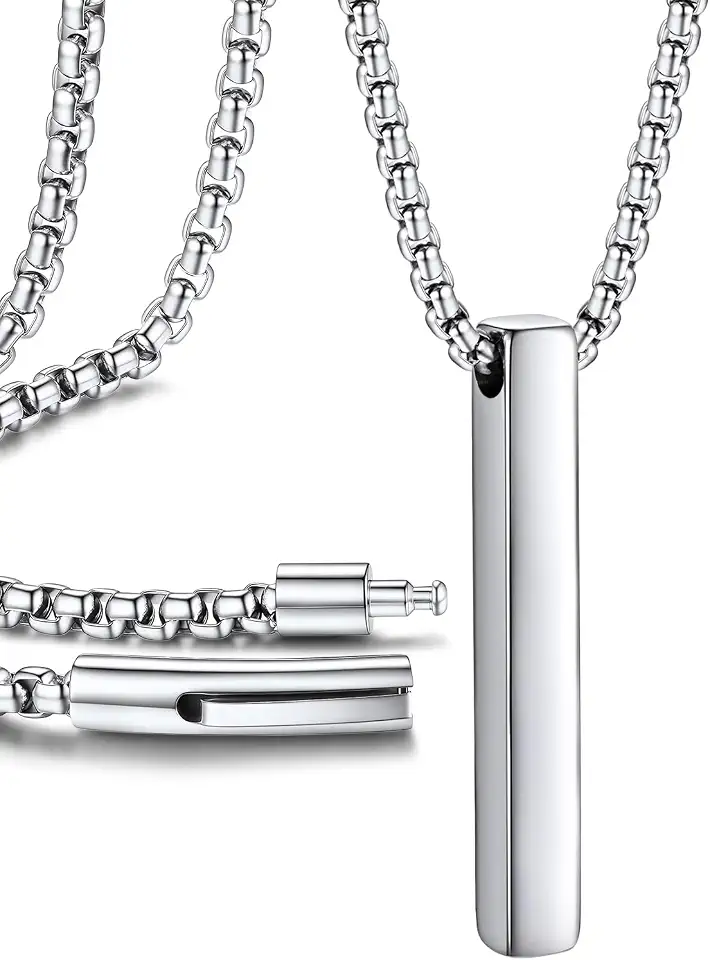 PROSTEEL Bar Pendant Mens Necklace, Stainless Steel Box Chain Necklace