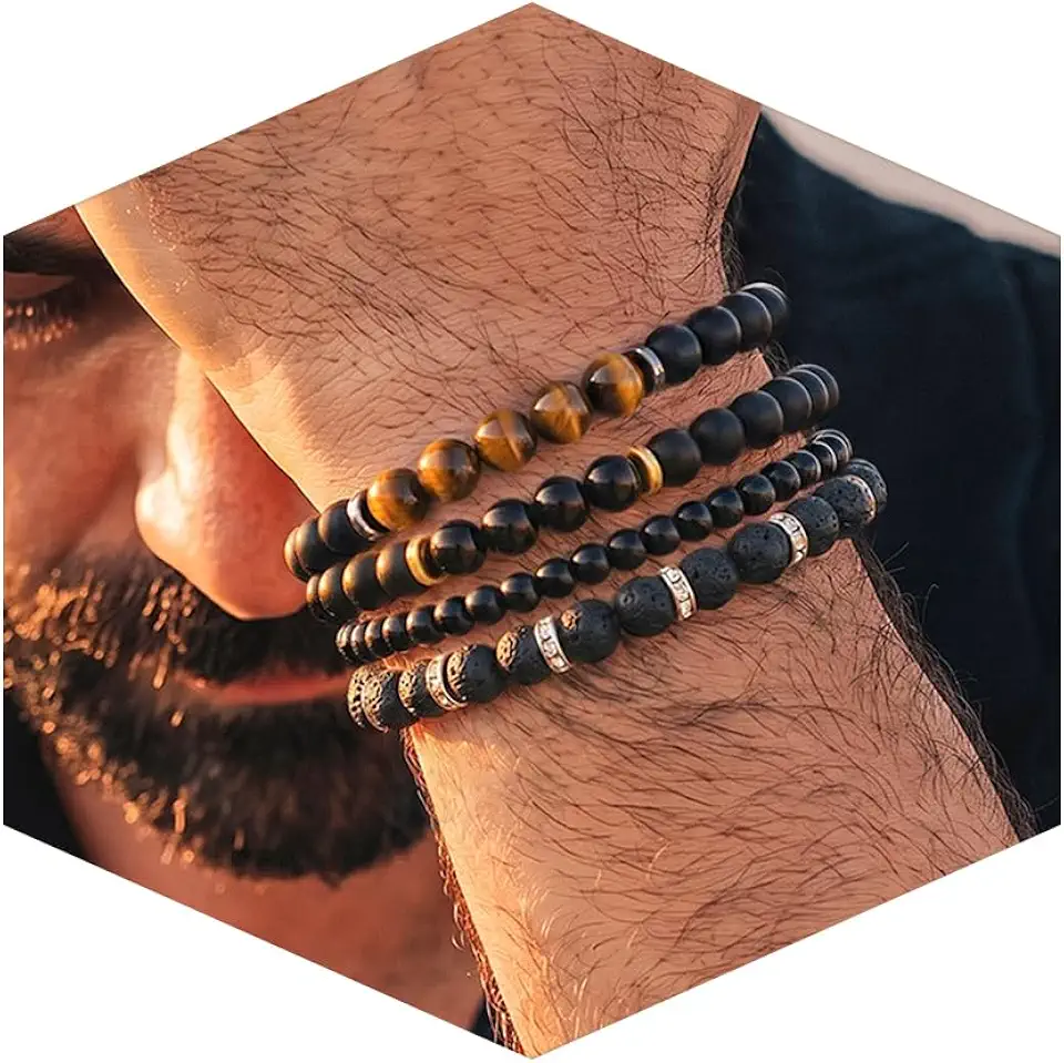 Men's Natural Stone Beaded Bracelet Set, 4 Pcs Stretch Stacking Bracelets with Lava Rock, Onyx, Tiger Eye, Howlite Beads