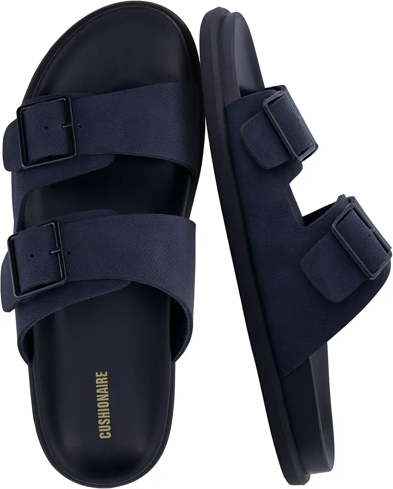 CUSHIONAIRE Alpha 100% Genuine Leather Mens Sandals, Casual Slip On Flat Men Slides with Adjustable Buckles