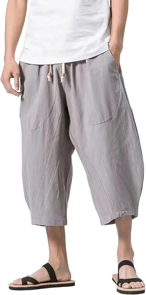DGHM-JLMY Men's Linen Capri Short Pants Baggy Loose Fit Wide Leg Harem Pants Lightweight Yoga Shorts for Summer Beach