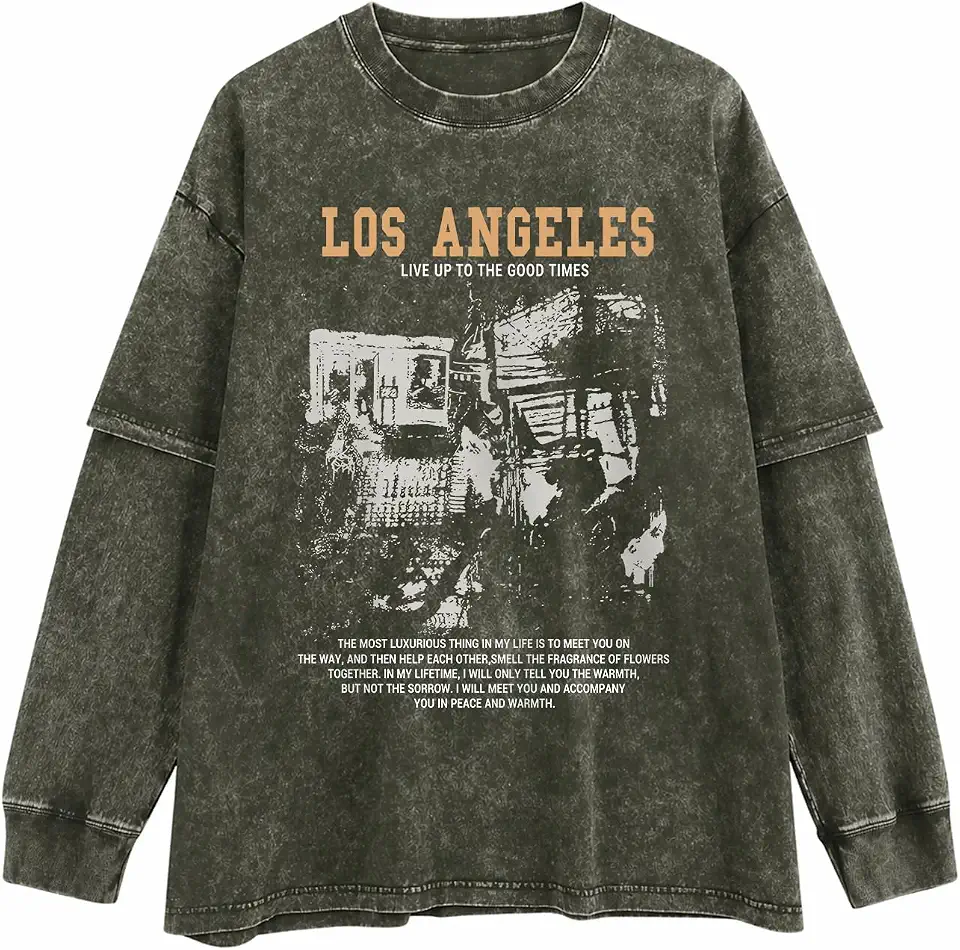 Tuislay Mens Oversized Graphic Tshirt Los Angeles Acid Wash 2 in 1 Grunge Shirts Vintage Streetwear Layered Tees Y2K Emo Top