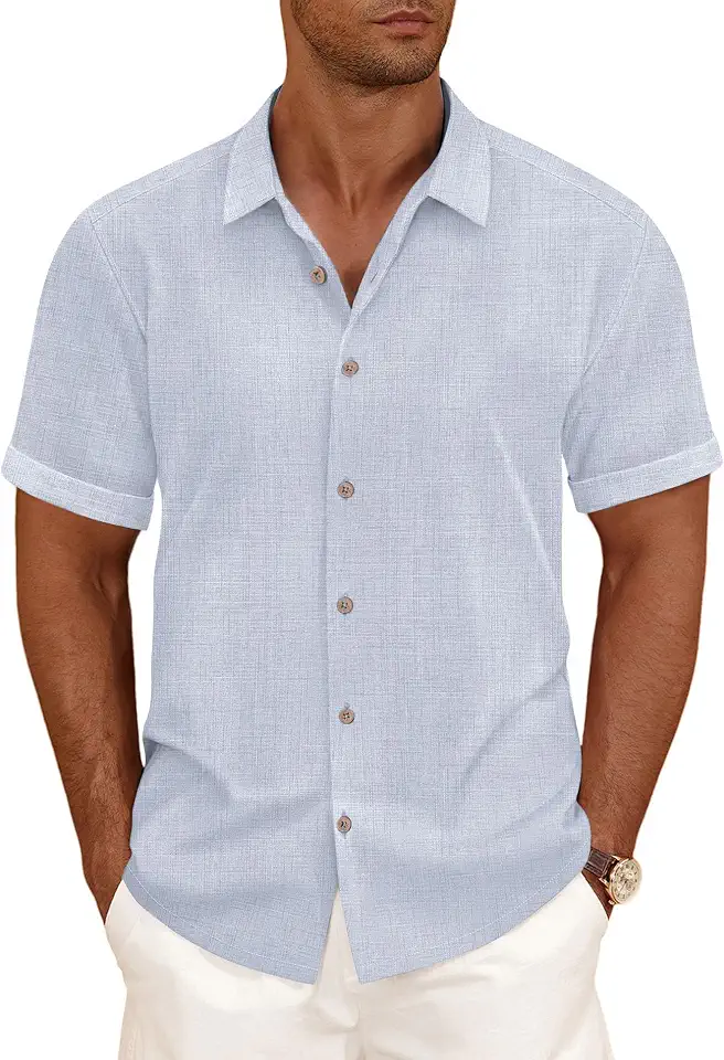 CURBODO Linen Blend Shirts for Men Casual Short Sleeve Button Down Shirt Cool Summer Beach Wedding Vacation Tops