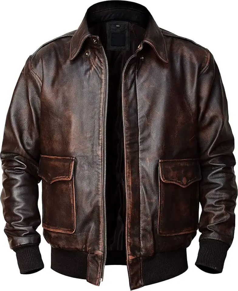 SpazeUp Men's A2 Aviator Flying WW-II Flight Bomber Jacket | Air Force Pilot Distressed Brown Genuine Leather Jacket for Men