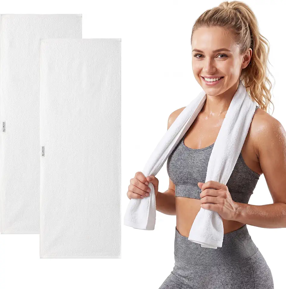 OEKO-TEX STANDARD 100 REDKISS 2 Pack Cotton Workout Towels, 43" x 16" Super Absorbent Soft Gym Towels for Men & Women, Large Sweat Sports Towel for Yoga Running Swimming Travel Camping - White