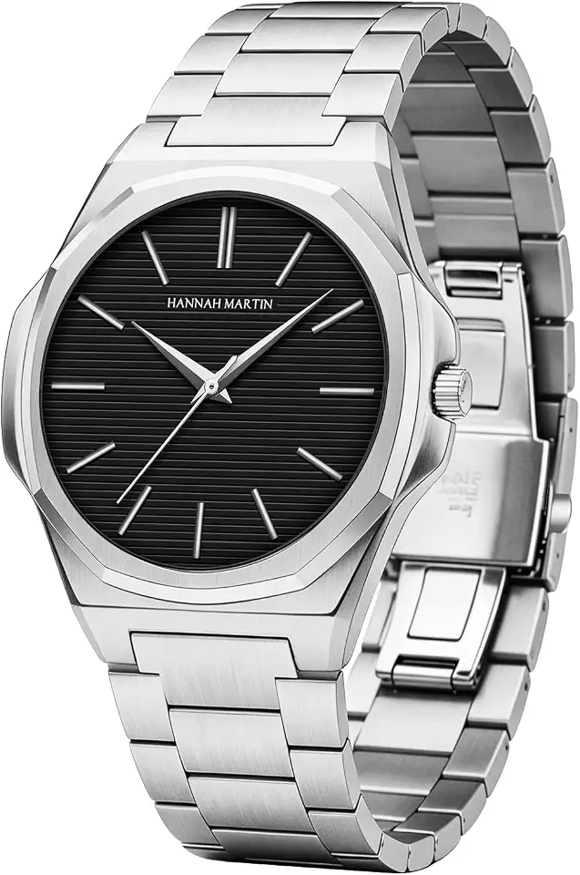 HANNAH MARTIN Men's Watch, 6.8mm Ultra Thin Minimalist Quartz, Waterproof Stainless Steel Watch with Quick Release,Extra Leather Strap, Elegant Gift Box Ready