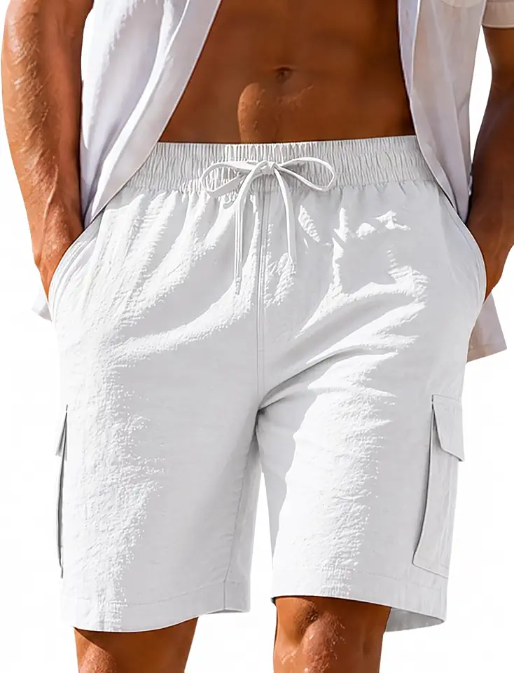Lzzidou Men's Summer Casual Shorts with Cargo Pockets | Drawstring Elastic Waist, 8 Inch Inseam, Quick Dry, Beach Shorts, Linen Shorts for Men