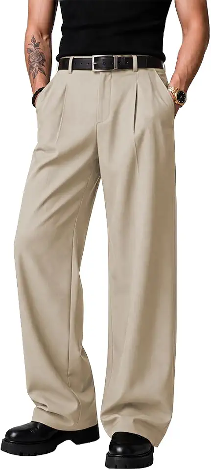 HUNGSON Mens Baggy Casual Dress Pants Wide Leg Pleated Trousers with Elastic Waist and Pockets