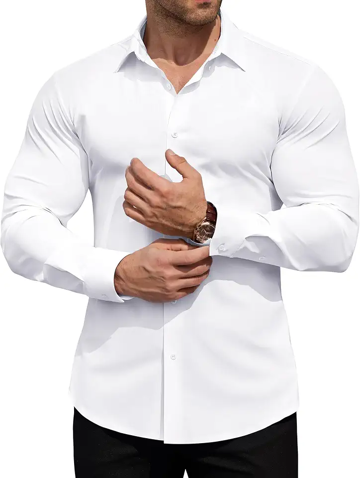Men's High-Stretch Dress Shirts Muscle Fit Wrinkle Free Long Sleeve Slim Fit Button Down Shirt Business Casual