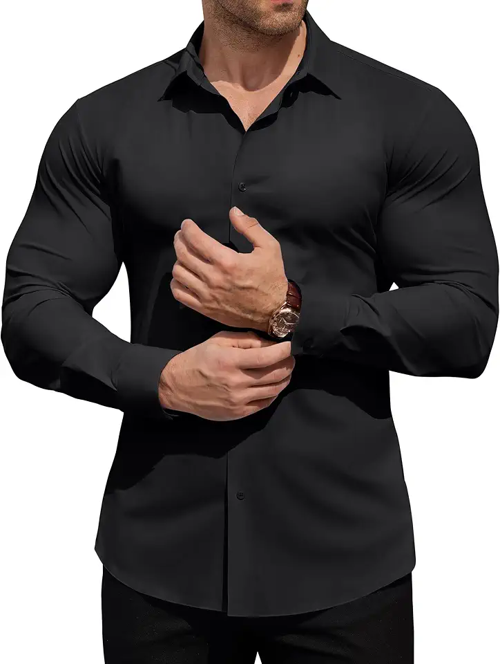 Men's High-Stretch Dress Shirts Slim Fit Wrinkle Free Long Sleeve Muscle Fit Button Down Shirt Business Casual