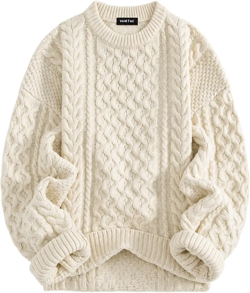 Wool Blend Cable Knit Sweater Ribbed Chunky Crewneck Pullover Oversized Top
