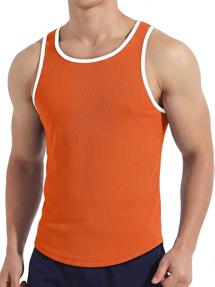 Men's Ribbed Racerback Tank Top Stretchy Color Block Trim Slim Fit Sleeveless Shirt Workout