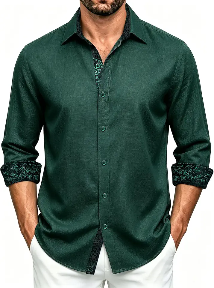DiBanGu Men's Linen Dress Shirt Long Sleeve Button Down